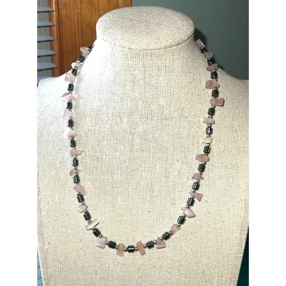 Pink Quartz and Hematite Genuine Necklace -- 16" - Picture 5 of 8